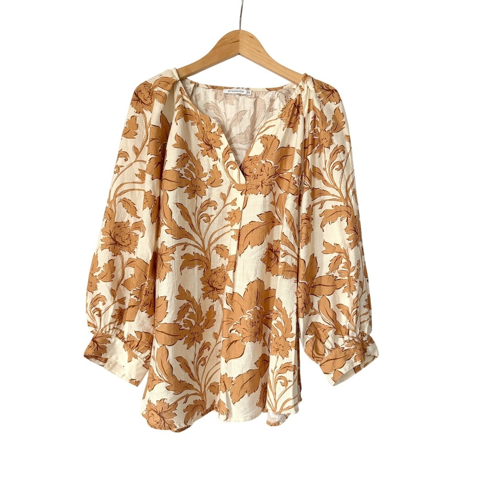 Staccato Floral V-Neck Womens XL Balloon Sleeve Blouse Vacation